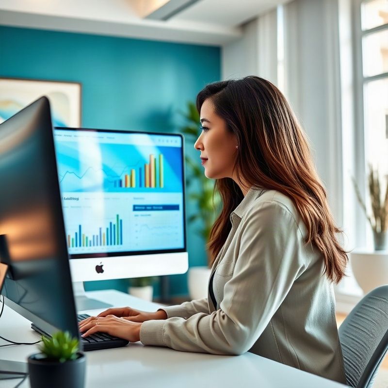 Profesional analizando métricas de un embudo de marketing en una oficina moderna